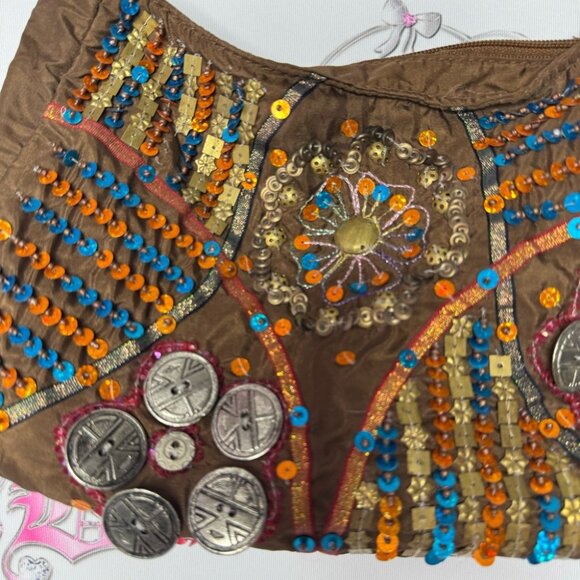 SAND N SUN purse bag boho beaded sequins brown blue orange buttons hippie strap - Picture 4 of 10
